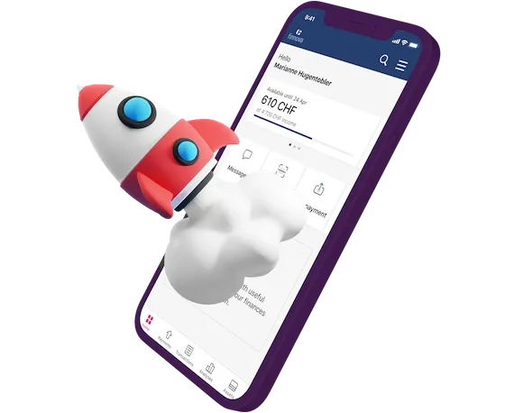 Mockup einer Mobile Banking App auf dem iPhone mit einer animierten Rakete.