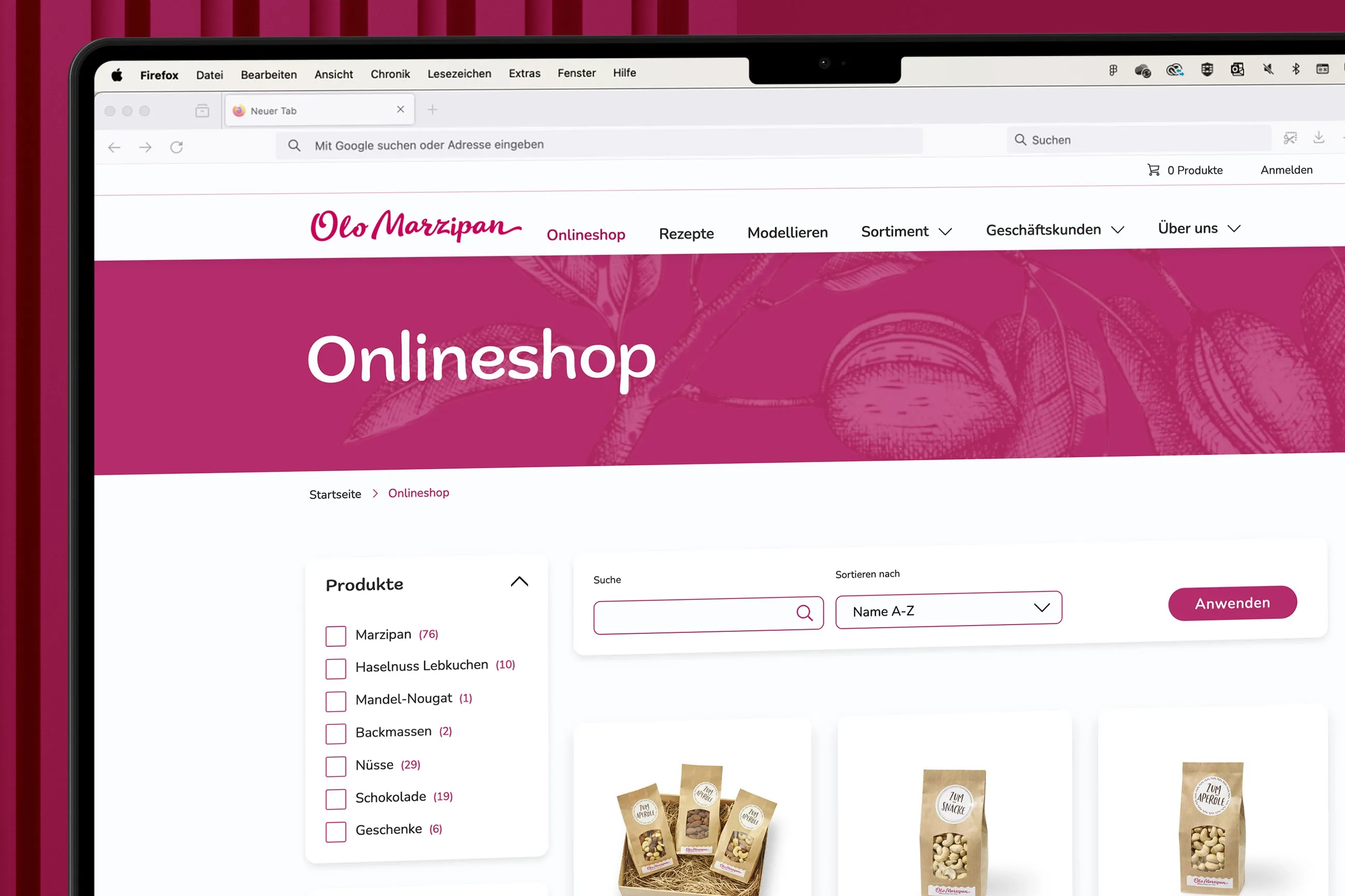 Screenshot des Olo Marzipan Onlineshops